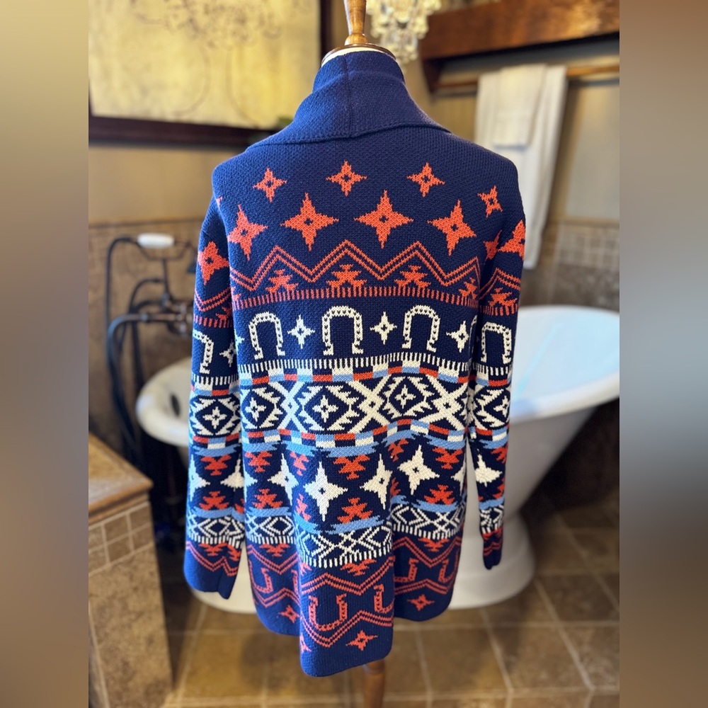 NWT Lucky Brand Geometric Navy and Red Cardigan with horse shoes size large - Picture 7 of 10